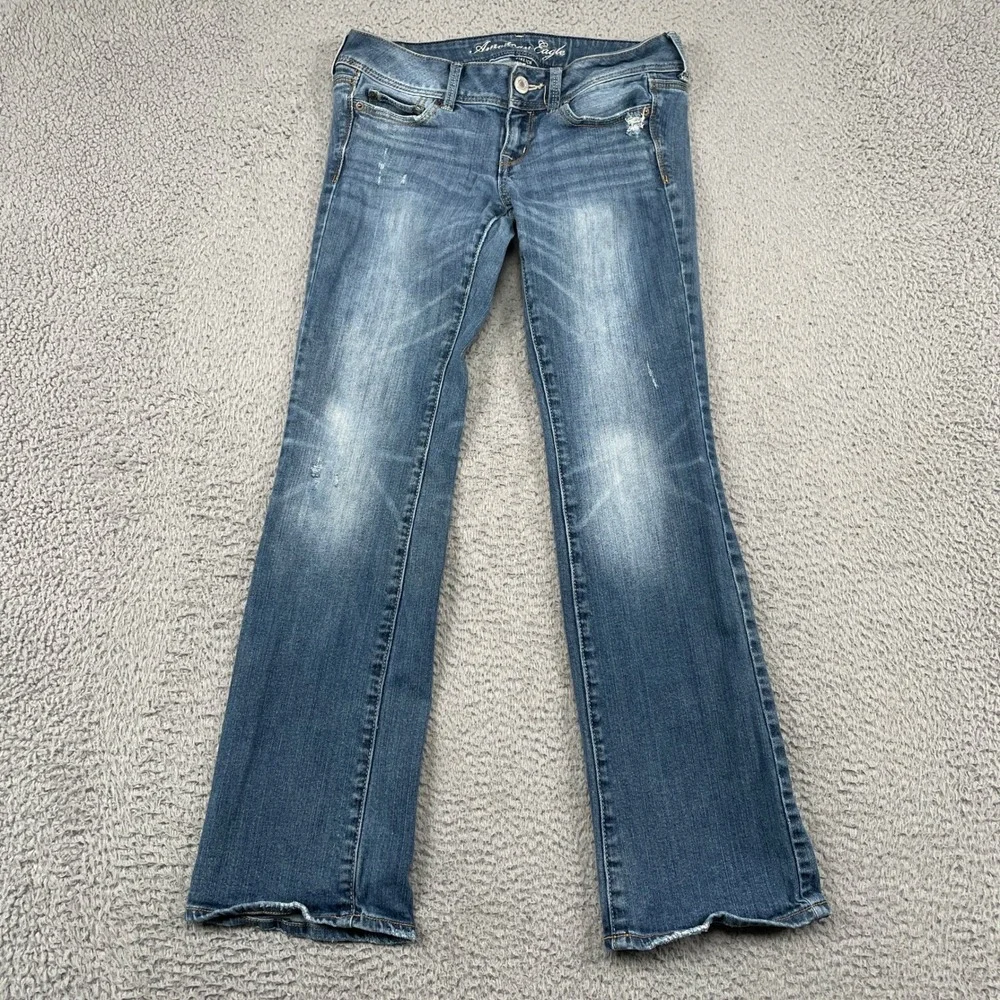 American Eagle Jeans Womens 4 Blue Slim Boot Stretch Distressed Low Rise Denim
